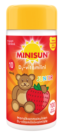 Minisun D-Vitamiini 10 mikrog Junior Nalle 100 purutabl mansikka